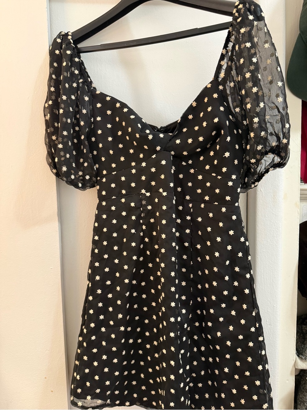 Selfie Leslie Black Mini Dress with Cream Daisy Print